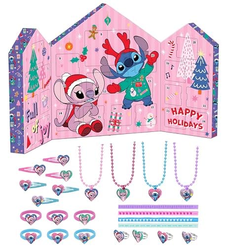 Image of Stitch Advent Calendar for Girls – 24 Day Surprise Accessories Set with Necklaces, Hair Bands, Wristbands, Hair Clips & Rings – Kids Jewellery Christmas Countdown Childrens Festive Gift Box 32cm