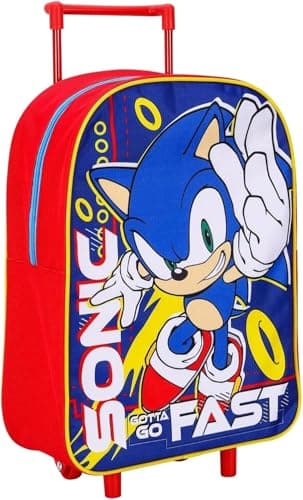 Image of NMB Fashion Foldable Kids Travel Trolley Backpack - Wheeled Carry-On Suitcase Rucksack with Favorite Character Design for Children (Standard Sonic The Hedgehog Gotta Go Fast Trolley)