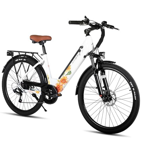 Image of HILAND 26 Inch Electric City Bike, 250W Motor 36V E-Bike for Adults, 7-Speed with Front & Rear Disc Brakes, High-Carbon Steel Frame, 10.4Ah Battery, Unisex Commuter Electric Bicycle, White