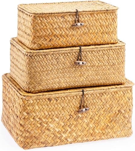 Image of Set of 3 Wicker Storage Basket with Lid, Handwoven Seagrass Storage Bins, Rectangular Household Basket Boxes for Shelf Wardrobe Home Organizer