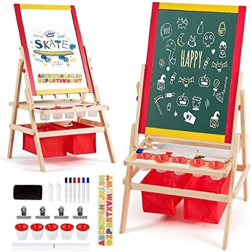 Image of COSTWAY Wooden Kids Art Easel with Paper Roller, Storage Tray, Double Sided Easel Blackboard and White Magnetic Board for Children Educational Toys Gifts (Red with Storage Bag)