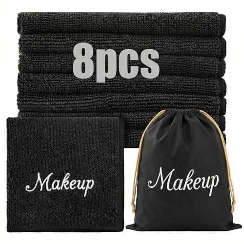 Image of BBTO 8 Pack Microfiber Makeup Remover Cloths, Black Reusable Face Towels, 13 x 13 Inch Large Size with Laundry Bag, No Stains & Removes Makeup with Just Water, Ultra Soft for Sensitive Skin
