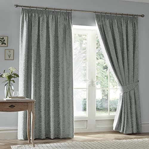 Image of Appletree Heritage - Worcester - Jacquard Pair of Pencil Pleat Curtains With Tie-Backs - 66" Width x 72" Drop (168 x 183cm) in Green