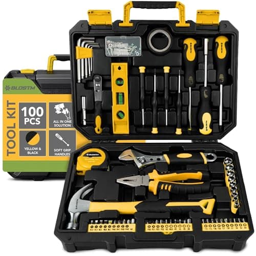 Image of BLOSTM 100 Piece Tool Kit - Home Tool Set with Essential Hand Tools for DIY Projects, Household Repairs - Portable Plastic Tool Box with Hammer, Pliers, Screwdrivers, Hex Keys & More (Yellow/Black)