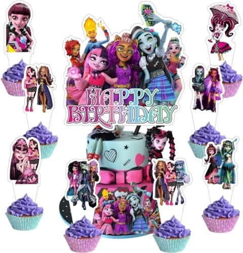Image of 25 Pcs Monster Happy Birthday Cake Topper Cupcake Toppers for Kids Monster Theme Birthday Party Decorations