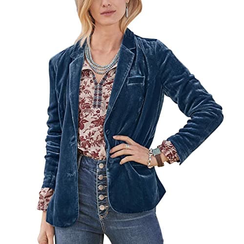 Image of MINTLIMIT Women's Velvet Blazer Jacket Lapel V Neck Button Down Tailored Jacket Coat, Light Blue,L