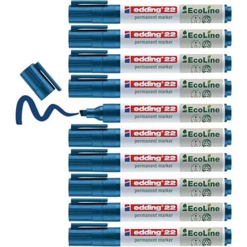 Image of edding 22 Ecoline Permanent Marker - Blue - Box of 10 - Chisel tip 1-5 mm - Waterproof, Quick-Drying, Smear-Proof pens - for Cardboard, Plastic, Glass, Wood, Metal and Fabric - refillable