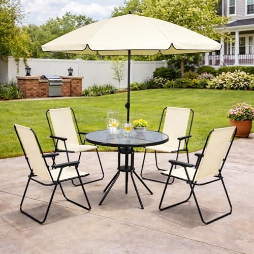 Image of Garden Mile Cream Outdoor Dining Set 4 Seater with Parasol – Folding Garden Table & Chairs, Patio Furniture Set with Glass Top Table, Compact Balcony & Terrace Furniture