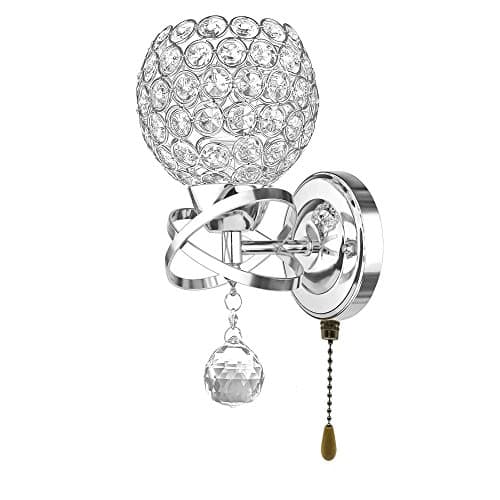 Image of WeFoonLo Modern Crystal Wall Light Pendent Lamp Chrome Finish Bedroom Sconce Lighting Fixture with Pull Cord Switch, E14 Socket (Spherical)