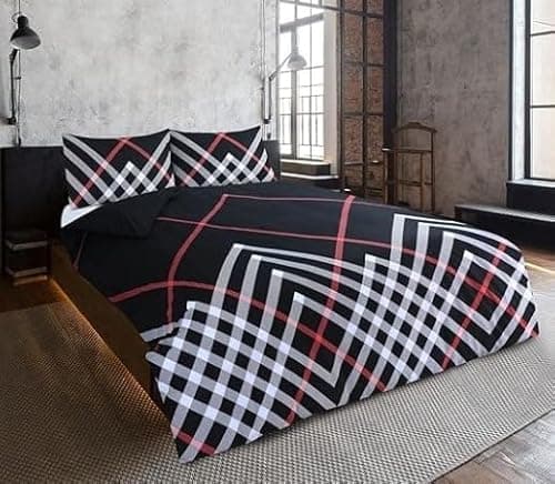 Image of Charlotte Andersen Maxwell Geo Check Single Duvet Cover Set Reversible Easy Care Polycotton Black Red Geometric Bedding (Black, Single)