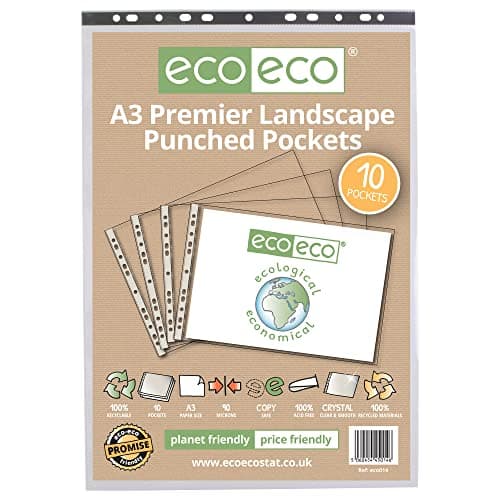 Image of eco-eco A3 Landscape 100% Recycled Premier Multi Punched Pockets Glass Clear, Transparent Poly Wallet Sheet Protector, 90 Microns (Pack of 10)
