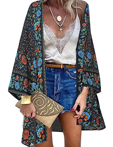 Image of Vancavoo Women's Kimono Cardigan Bohemian Bikini Cover Up Floral Print Beachwear Long Sleeve Swimwear Capes Swimsuit Shawl Tops Casual Beach Blouse(Blue+Flower,XXL)