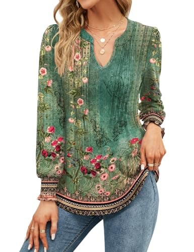Image of EFFAN Ladies Tops Elegant V Neck Long Sleeve Casual T Shirts Pleated Puff Floaty Floral Printed Tunic Blouse, Floral Green S (UK 8-10)