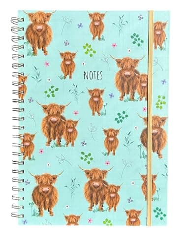 Image of Shineone Watercolour Floral & Highland Cow Spiral Bound Notebook with Elastic Band Closure, A4 Size, 200 Pages, 80 GSM Premium Paper Hardback Cover (Highland Cow)