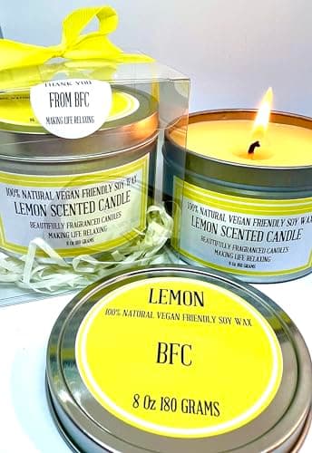 Image of Lemon Scented Soy Wax Candle - Handmade by BFC - Lemon Scented 36 Hours Burn Time 8 Oz 180 Grams Soy Wax Candle Silver Brush Finish Tin. Lemon Scented