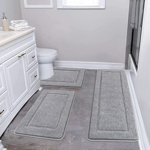 Image of Pauwer Microfiber Soft Bath Mat Set 3 Piece Absorbent Bathroom Toilet Rug Non Slip Machine Washable Bath and Pedestal Mat Sets, Grey