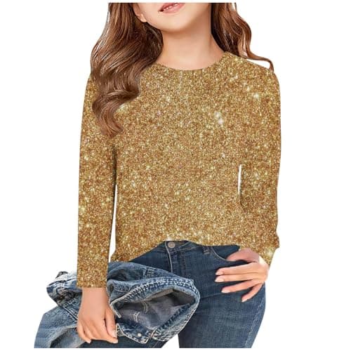 Image of Girls Tops Sequin Crew Neck Going Out Shirts England T Shirt Tunic Tops Clothes Gifts Blouses UK Elegant Long Shirts UK 3-14 Years Gold 13 Years