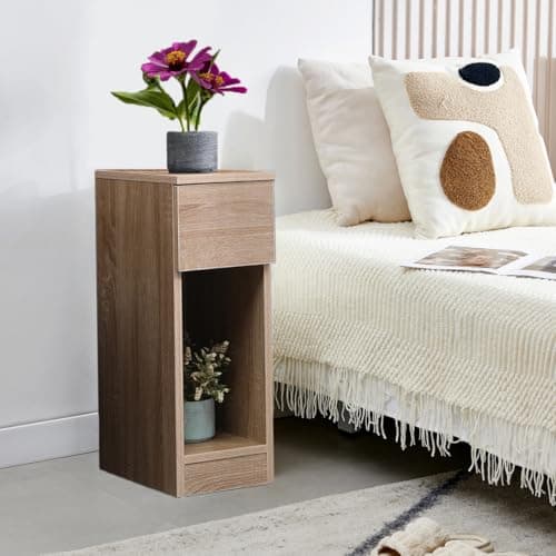 Image of Sanery Slim Bedside Table Bedroom Nightstand with Open Shelf & Drawer, Narrow End Table Sofa Side Table for Living Room, Compact Wooden Lamp Table Telephone Table for Home Office, Walnut