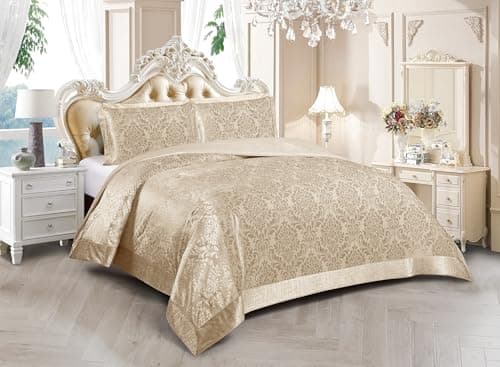 Image of PRIME LINENS Luxury 3 Piece Velvet Quilted Bedspread Damask Bed Throw Comforter Bedding Set with 2 Pillow Shams EMILIA Super Soft (Beige, Double)