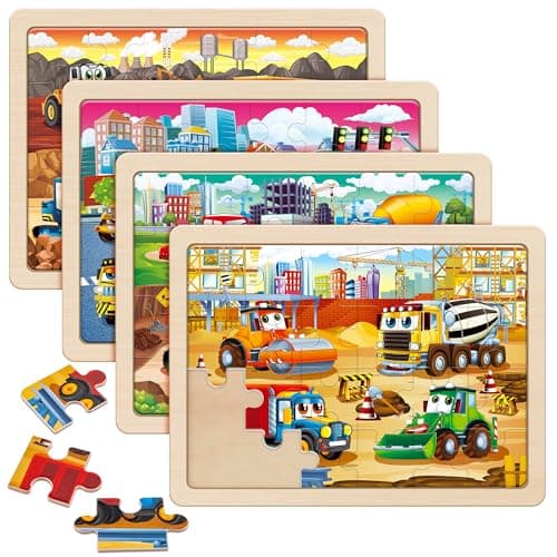 Image of SYNARRY Wooden Construction Vehicles Jigsaw Puzzles for Kids, 24 Piece Monster Truck Puzzles for 3 4 5 6 Year Olds, Construction Toys Gifts for Children Boys Girls