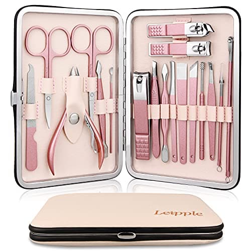 Image of Manicure Set Professional Pedicure Nail Clippers Kit - 18 pcs Nail Care Tools - Grooming Kit with Luxurious Upgraded Travel Case (Beige/Pink)