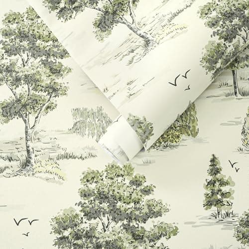 Image of Yomshi Self Adhesive Wallpaper Green Tree Contact Paper 44 x 300 cm Boho Vintage Vinyl Wrap Peel and Stick Wallpaper for Cabinets Wall Living Room Thicken Waterproof Removable