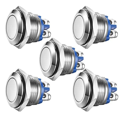 Image of Gebildet 5pcs Momentary Push Button Screw Type Terminals Stainless Steel Metal Waterproof Button 16mm 2A 12V/24V/125V/250VAC with 2 Screw Terminals Stainless Steel(Flat Head)