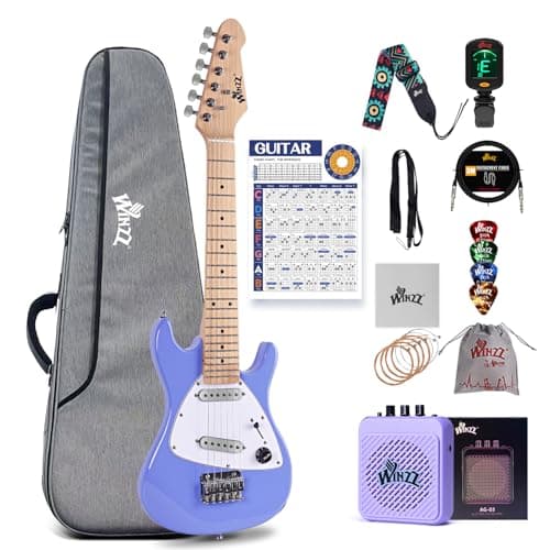 Image of Winzz 30 Inch Kids Electric Guitar Beginner Kit, Junior 1/4 Size Mini Electric Guitar for Children Complete Stater Set with Amp, Gloosy Purple Colour