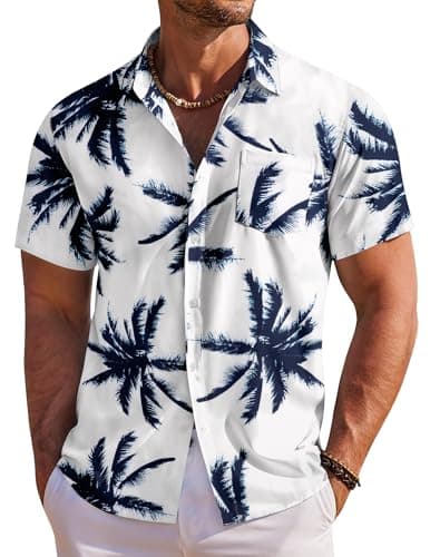 Image of COOFANDY Men's Hawaiian Shirts Short Sleeve Summer Shirts for Men Tropical Holiday Beach Shirt with Front Pocket White Palm Leaf XL