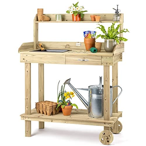 Image of Christow Garden Potting Table Wooden Germination Work Bench With Wheels, Drawer, Compost Tray (120cm x 90cm x 42cm)