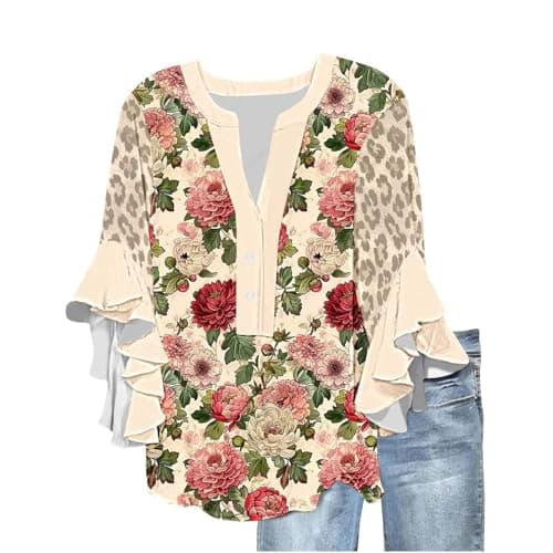 Image of Y2K Tops Ruffle 3/4 Sleeve Ladies Blouses V Neck Button Up Pullover Activewear Floral Printing Plus Size Clothing Leopard Print Patchwork Womens T Shirts