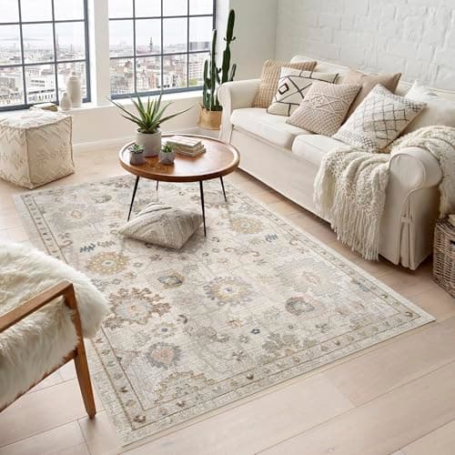 Image of Rugs by Desire Maia Washable Living Room Area Rug – Soft Polypropylene Weaving, Low Pile, Non Slip Cotton Backing for Elegant Indoor Spaces, Beige, 160 x 240 cm (Rectangular)