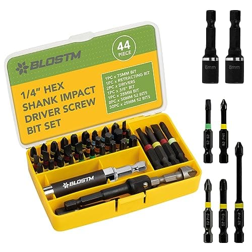 Image of BLOSTM Impact Driver Bit Set - 44pcs Shock-Resistant Steel Impact Screwdriver Bit Set with Retracting Impact Driver Bits Holder, 1/4” Hex Shank Bits & Nut Drivers - Includes Compact Storage Case