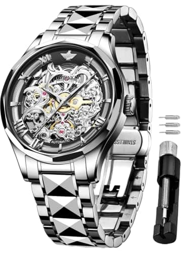 Image of OLEVS Men Skeleton Watch Automatic Mechanical Self Winding Sapphire Crystal Luxury Dress Tungsten Steel Black Face Waterproof Two Tone Strap