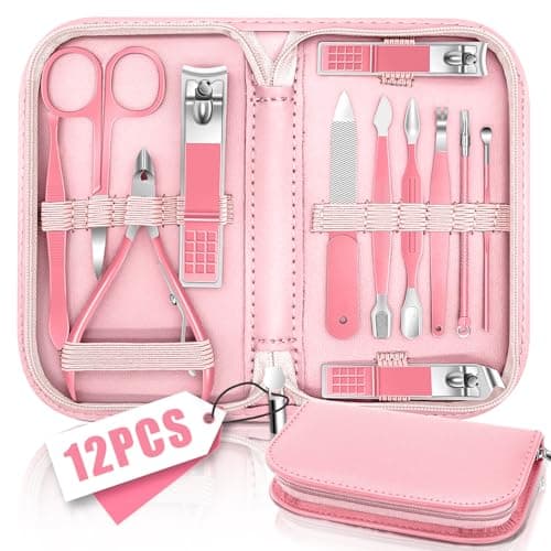 Image of Manicure Set Nail Clipper 12 in 1, Professional Pedicure Nail Kit Manicure Set, Women Men Nail Grooming Kit, Manicure & Pedicure Tools & Accessories, Nail Care Tool with Pink Leather Travel Home