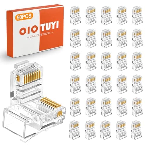 Image of OioTuyi 50 Pack RJ45 Connector, Pass Through RJ45 Plug, Gold Plated Ethernet Plugs, Cat5e/Cat5 LAN Modular Network End for UTP Solid & Stranded Cable