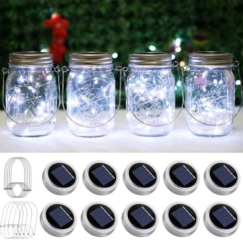Image of Solar Mason Jar Lights 10 Pack 20 LED Waterproof Outdoor Fairy Firefly String Light Lids with 10 Hangers Rust Resist for Patio Lawn Garden Wedding Lantern Decor No Jars (Cool White)