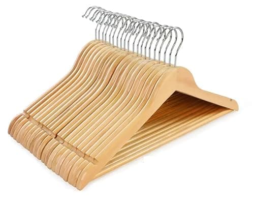 Image of 20 Wooden Hangers, Coat Hangers, Clothes Hangers, with Shoulder Notches, Trousers Bar, 360° Swivel Hook, for Suits, Shirts, Coats, Natural Pack of 20 (20 Pack Natural)