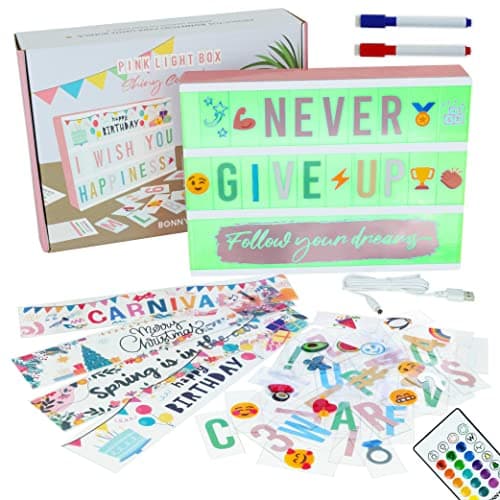 Image of BONNYCO Cinema Light Box A4 Rose Gold 16 Colours, 400 Letters and Emojis, 10 Premium Cards, Remote Control and 2 Markers. LED Light Up Box, Novelty Gifts for Women. Gifts for Girls Birthday Christmas
