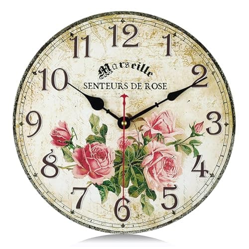 Image of Lafocuse 12 Inch Silent Non Ticking Wooden Pink Rose Flowers Wall Clock Battery Operated, Vintage Shabby Chic Rustic Farmhouse Kitchen Clocks Wall Decorative for Living Room Bedroom Office