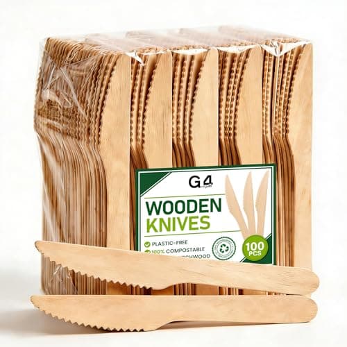 Image of G4GADGET 100x Wooden Knives Disposable Biodegradable Birch Wood Utensils for Parties, Picnics, Weddings, BBQs, and Events