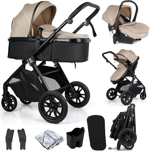 Image of For Your Little One Cruise 3-in-1 Travel System with i-Size Car Seat, Stroller, 13kg Pram, Height Adjustable Handle, Pram, Newborn 0-4 Years Free Raincover and Cupholder (Dune Beige)