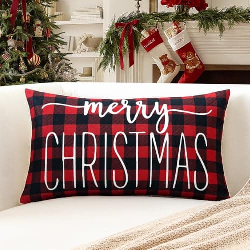 Image of Artscope Red Black Buffalo Check Plaid Christmas Lumbar Cushion Cover 30x50 cm for Xmas Decorations Merry Christmas Throw Pillow Covers Winter Holiday Cushion Case Decoration for Sofa Couch