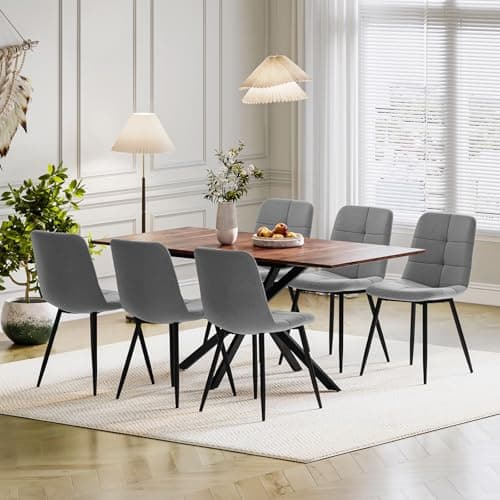 Image of Luxstein Extendable Dining Table and Chairs Set 6, 120-160cm Wood Grain Table with 6 Grey Upholstered Linen Chairs for Dining Room, Kitchen