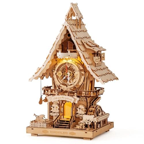 Image of ROKR Cuckoo Clock 3D Wooden Puzzle Model kits For Adult to Build Home German Black Forest Style Decoration Gift Original Wood Colour LC901