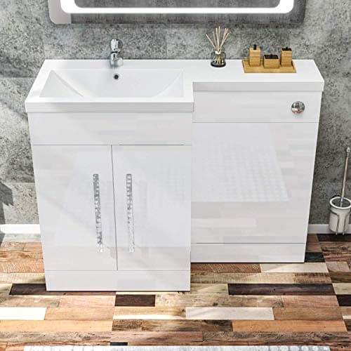 Image of ELEGANT 1100 Bathroom Vanity Units with Basin L Shape Left Hand High Gloss White Vanity Sink Units + Vitreous Resin Basin + Concealed Cisterm, Ensuit Furniture Under Sink Cabinet