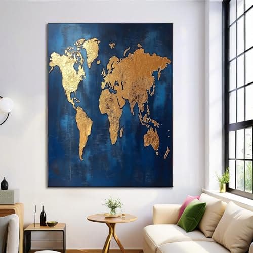 Image of Large Unframed Navy Blue Gold Foil World Map Wall Art For Living Room, Big Canvas Prints Paintings Artwork For Walls, Map Painting Pictures For Hallway Office Wall Decor 20X28In
