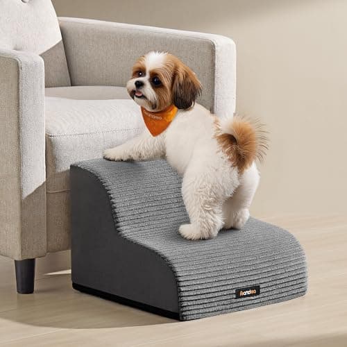 Image of Feandrea 2-Step Dog Stairs, Corduroy Dog Steps for Bed, Sofa, Waterproof Pet Stairs with Anti-Slip Designs, Gentle Slope, Removable Washable Cover, Handle, Slate Grey PPS002GN01