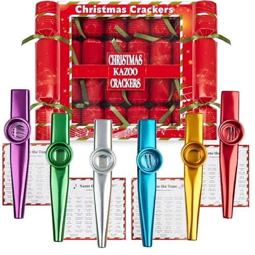 Image of KreativeKraft Luxury Christmas Crackers, Pack of 6 Deluxe Xmas Crackers with Toys Jigsaw Puzzles or Kazoo, Fun Novelty Christmas & Party Table Gifts (Multi Kazoo)