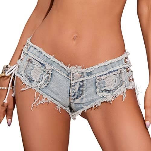 Image of Faringoto Summer Autumn Denim Shorts Hot Pants Nightclub Women's Low Waist Jeans Light Blue